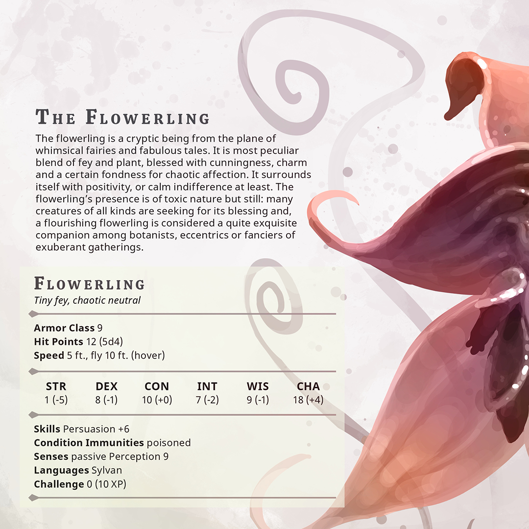 fluffy_folio's tweet photo. The Flowerling — a whimsical homebrew D&amp;D creature blending fey charm with plant mischief. 🌸💫
#DnDHomebrew #HomebrewCreature #FantasyCreatures https://t.co/tQ9Xa5lak9