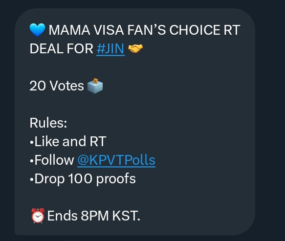 seokjinieww's tweet photo. 💙 MAMA VISA FAN’S CHOICE RT DEAL FOR #JIN 🤝
20 Votes 🗳
Rules:
•Like and RT
•Follow @KPVTPolls
•Drop 100 proofs
⏰️Ends 8PM KST. https://t.co/jdEqEysobu