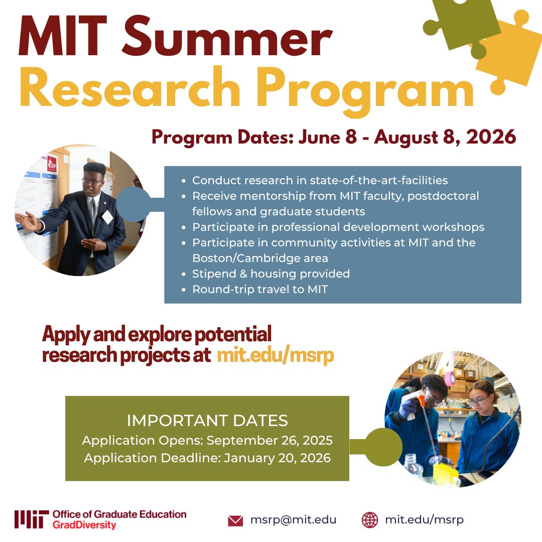 opportunitiesfy's tweet image. Apply now for the fully funded MIT Summer Research Program 2026 for U.S. undergrads — research, mentorship, stipend, housing. 🔬🎓 wp.me/p23f03-hbY

#MIT #Research #Undergrad #STEM #ApplyNow