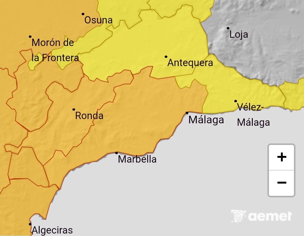 AEMET eleva a naranja el aviso por fuertes lluvias en Costa del Sol, Ronda y Guadalhorce, siguen los avisos amarillos en Antequera y Axarquía.
Vigentes a partir de las 18:00 de mañana miércoles.