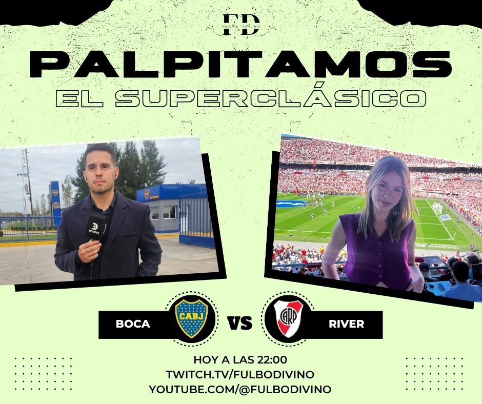 ¡SE VIENE EL SUPERCLÁSICO! 🔥

#Boca 🆚 #River

Hoy lo empezamos a vivir en <a href="/FulboDivino/">Fulbo Divino</a> 🙌🏼

🎙️ Darío Occhiuzzi nos traerá la info del Xeneize, mientras que Bárbara Fritzler hablará del Millonario.

Hoy a las 22 por:
📺 twitch.tv/fulbodivino 📺
📺 youtube.com/@fulbodivino 📺