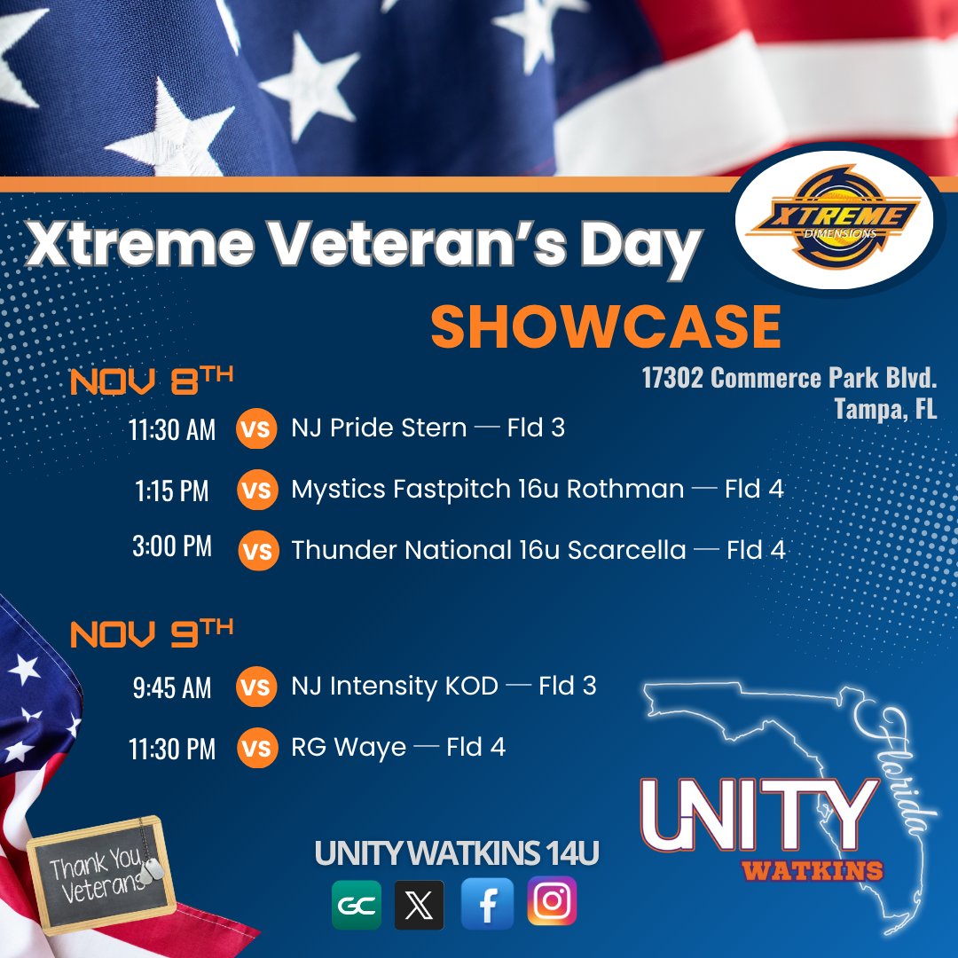 unitywatkins14u's tweet image. Come watch our Unity Watkins athletes compete at the Xtreme Veterans Day Showcase in Tampa, FL, this weekend. Playing up in the 16U division, this squad is ready to battle! 🥎💪🏽

#UnityWatkins #SoftballShowcase #CollegeExposure #CollegeSoftball #FutureCollegeAthletes  @VAUnitySB