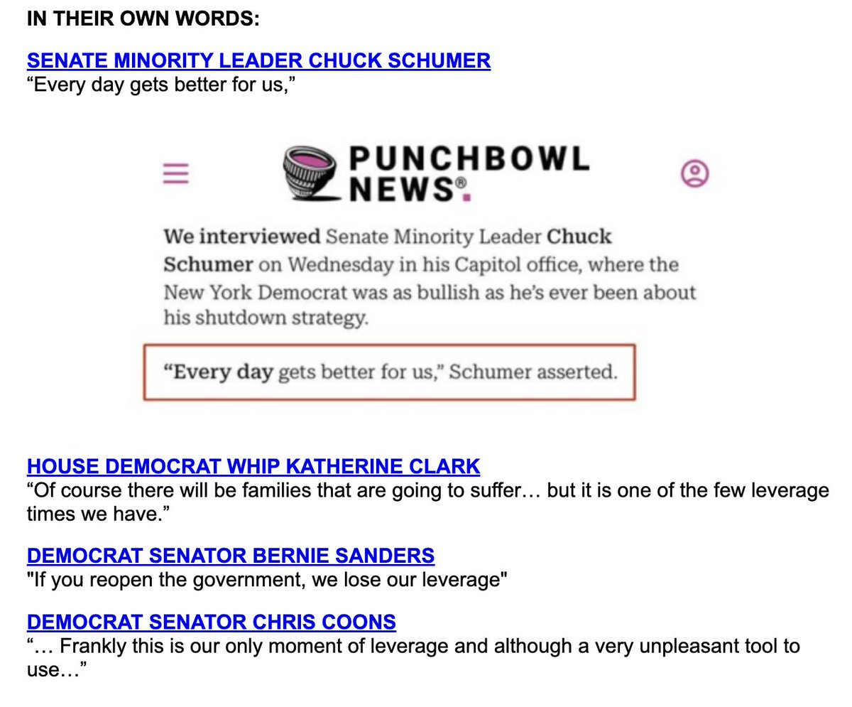 Since the shutdown began, Democrats have cycled through excuses and lies, but over time, they’ve admitted what this is really about: power and political leverage. Behind closed doors and in public interviews, top Democrat leaders have been caught admitting the truth — that their