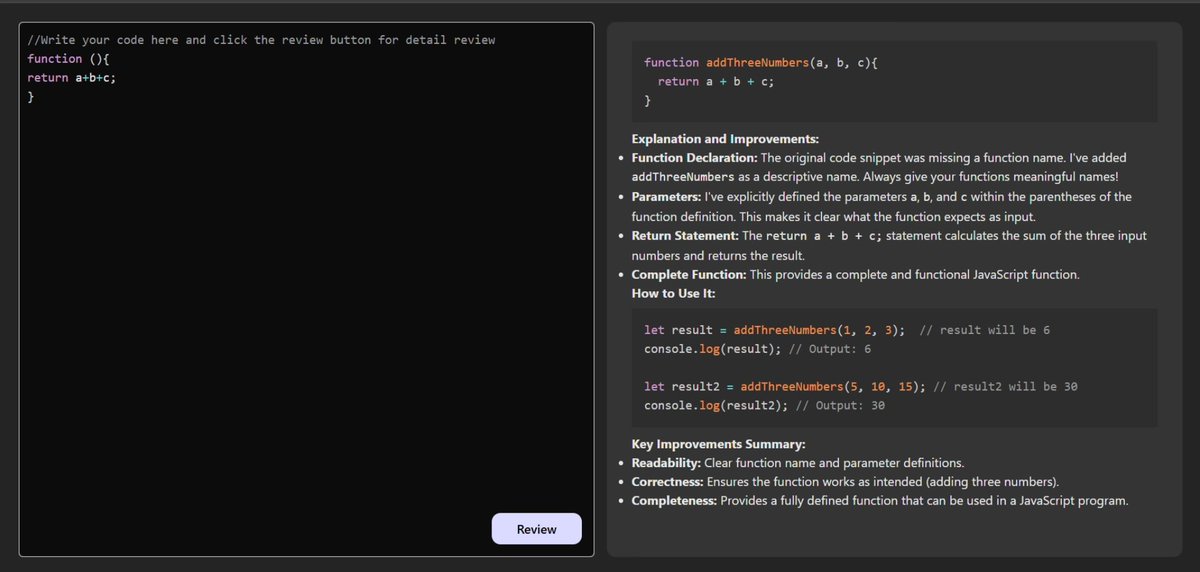 RohanSa92096356's tweet photo. Just created an AI-powered Code Review Platform built with React, Node, Express, and Prism.js Where you can write, edit, and get instant Gemini feedback on your code with clean syntax highlighting and real-time insights.

Check my code- https://t.co/nyNfSkRVg1

#project #job https://t.co/BBM3QbwGl9