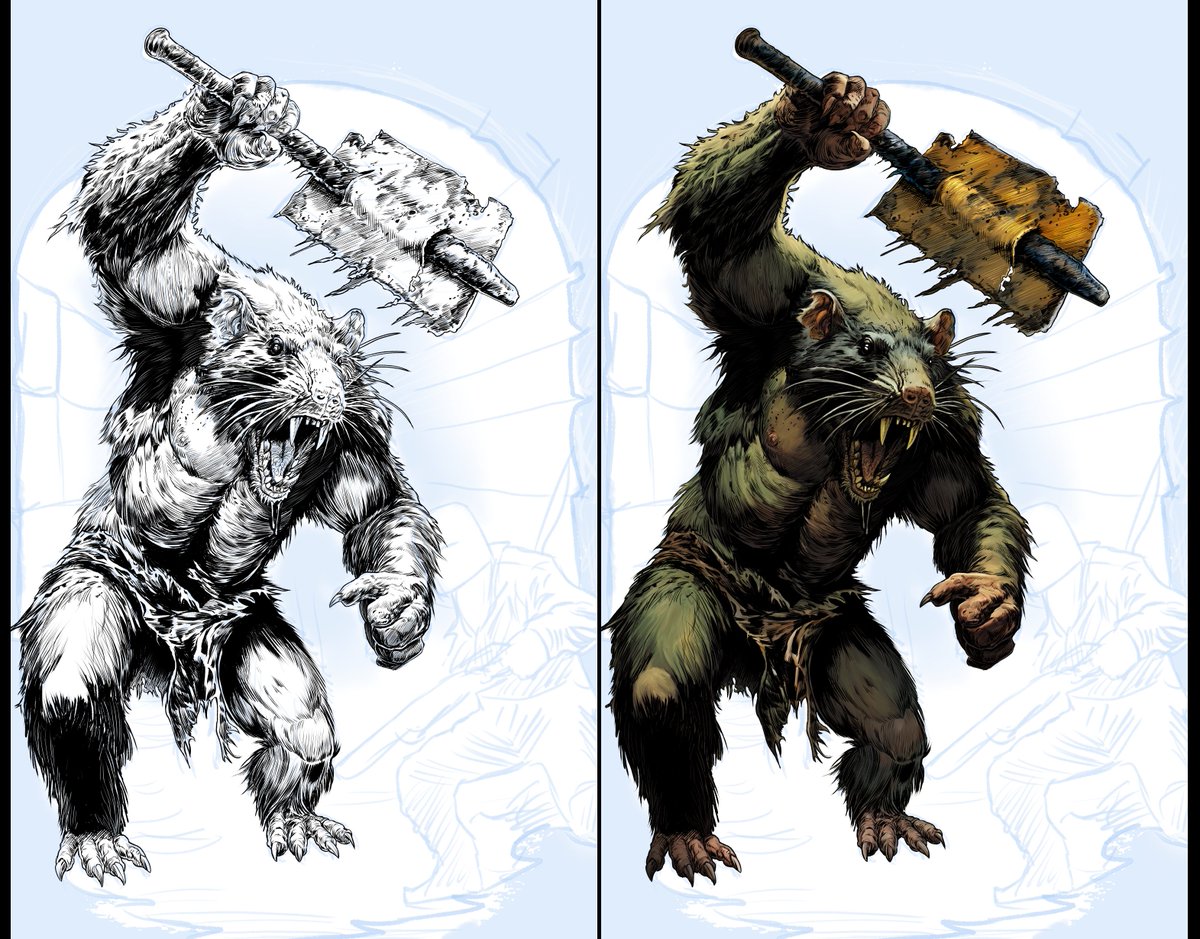 Progress on the cover for <a href="/CJCarella/">C.J. Carella</a>'s upcoming Post-Apocalyptic Sword and Sorcery novel...

🐀Were-Rat DONE!! (minus the tail🤪)...

Now onto more pages for River of Blood... gotta keep all those plates spinning, lol.

#WritingCommunity #ComicArt #WorkInProgress #DnD #Horror