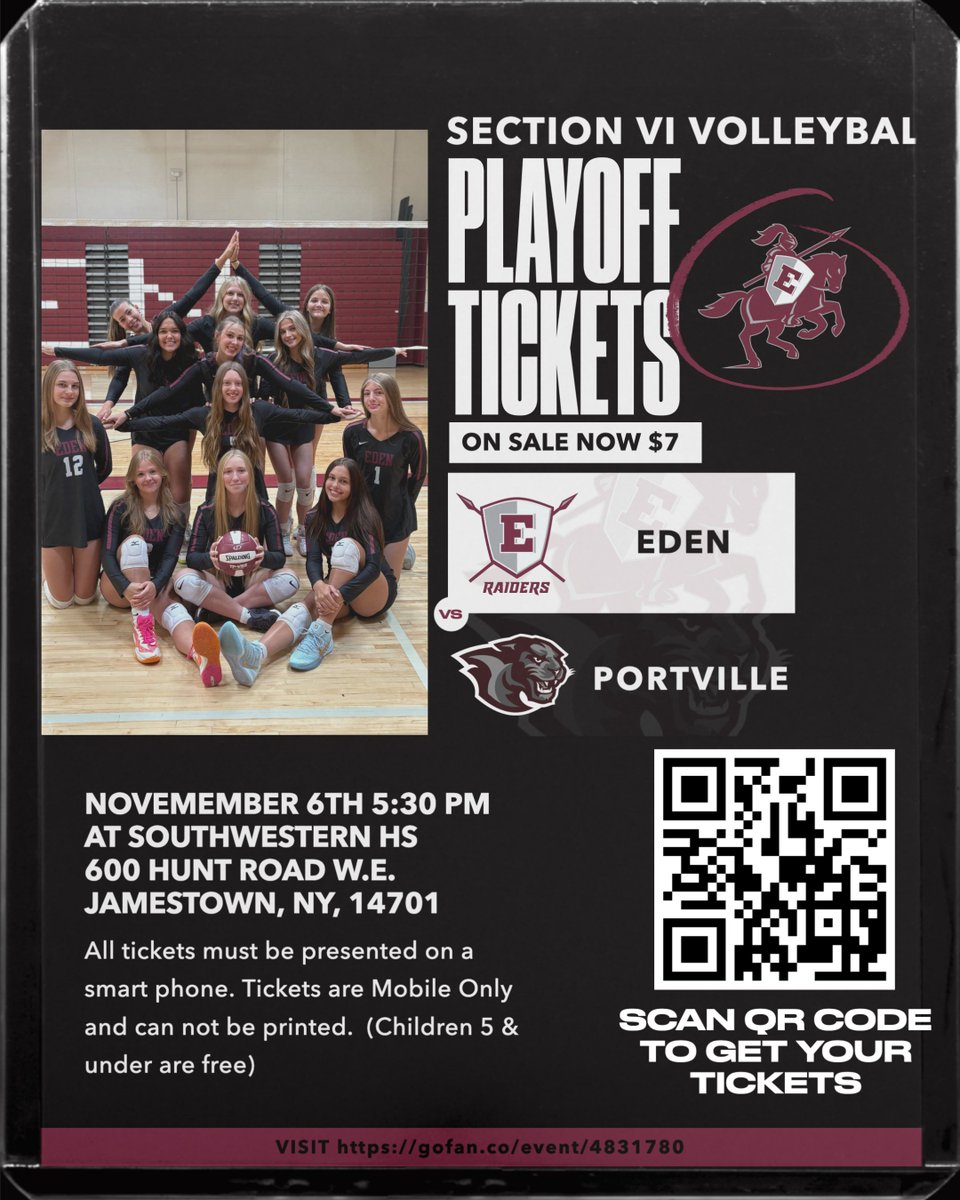 📢 <a href="/EdencsdRaiders/">EdenAthletics</a> Fans!  Get your Volleyball Playoffs tickets now for Friday Night's Game. Purchase online at: gofan.co/app/school/NYS……
<a href="/EdenASBC/">Eden ASBC</a> <a href="/EdenCSD/">Eden Central Schools</a>