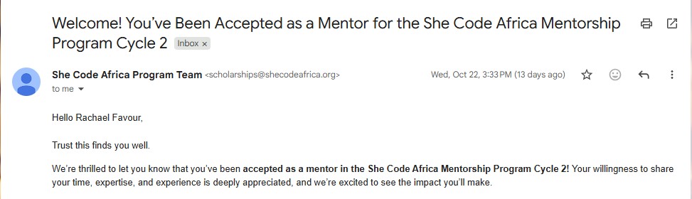 rachaelcodesss's tweet image. It’s already Nov 4, and a Tuesday! Happy new month &amp;amp; week, everyone

A few updates 👇

✅Mentoring Nova House in #PIP4 by @programmify, it’s been an amazing journey so far!
✅Accepted as a Frontend Mentor for @SheCodeAfrica Mentorship (Cycle 2)!

keep building, keep showing up 💪