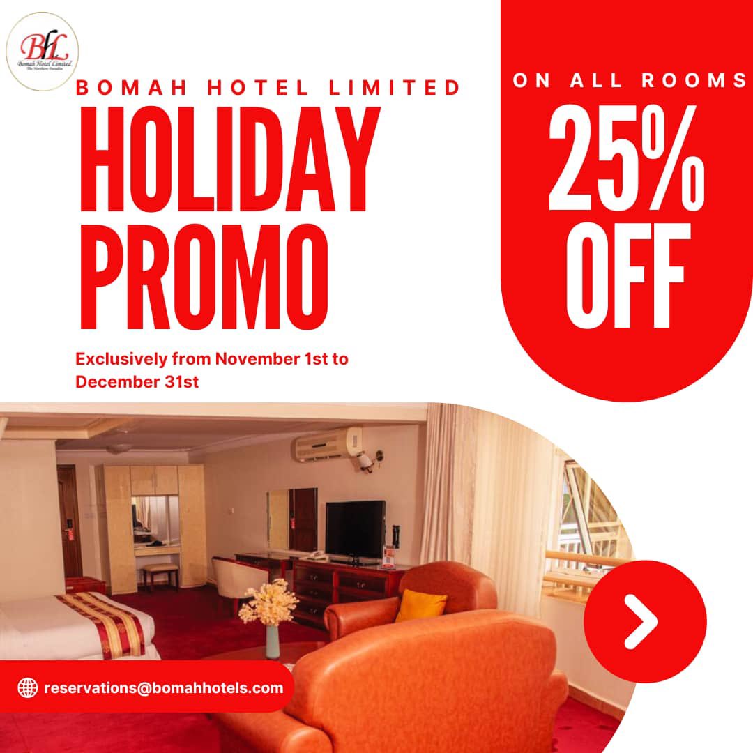 It is that time of the year folks! Get 25% off on all rooms at all our branches #bomahhotels #gulucity #northernparadise