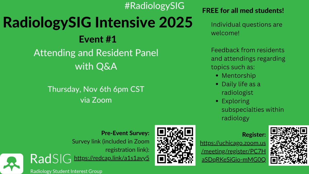 RadiologySIG's tweet photo. We are back! 

What: Radiology SIG Intensive 2025, Event #1
When: Thurs 11/6 at 6:00 PM Central
Where: Zoom, use QR code or link below

#futureradres #radiology #radres #RadEd #MedEd #match2026 #radiologySIG https://t.co/m5VR3pVJEF