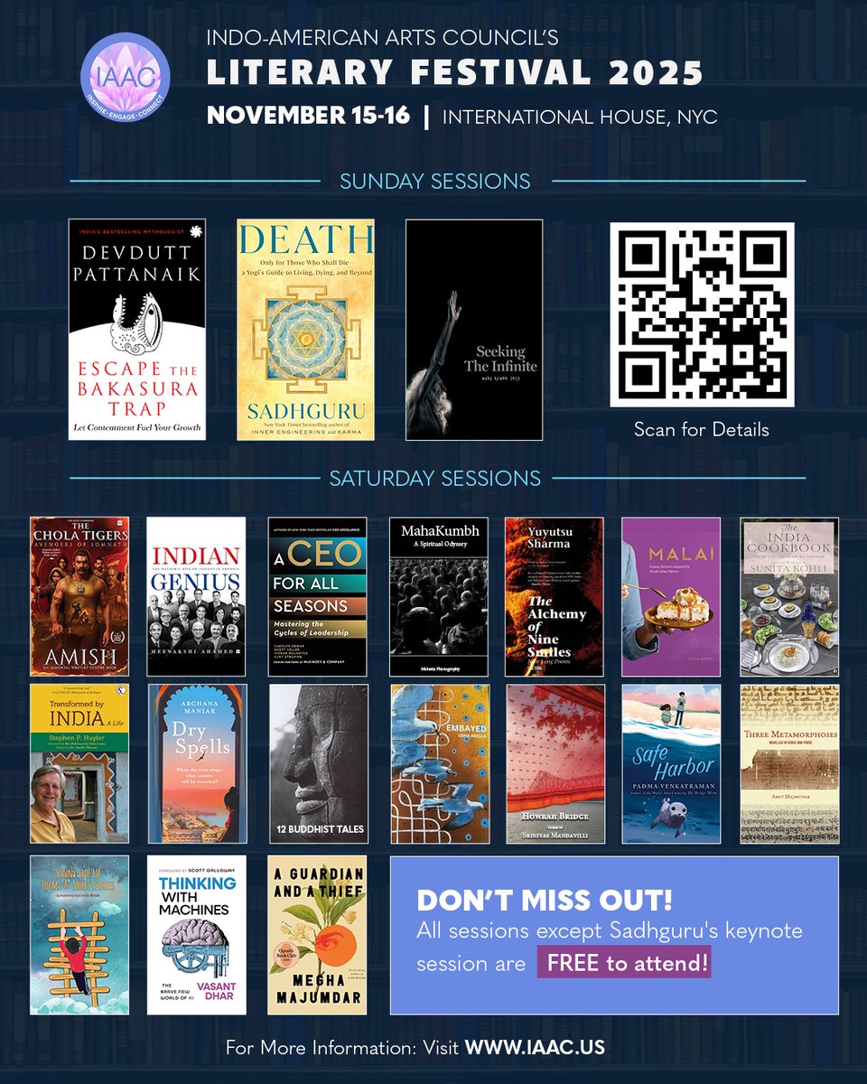 Celebrate Indian literature at IAAC Literary Festival 2025! 

Hear from #Sadhguru, #DevduttPattanaik, #AmishTripathi, #MeghaMajumdar, #SunitaKohli &amp; more. 

Nov 15–16, International House NYC. 

Register: iaac.us/iaac-literary-… 

#IAAC #LitFest