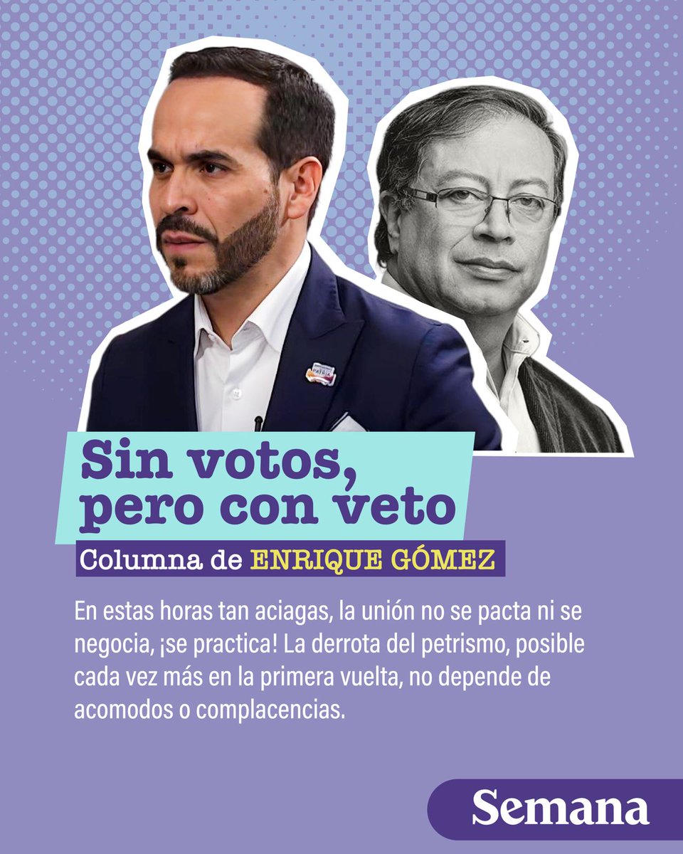 En estas horas tan aciagas, la unión no se pacta ni se negocia, ¡se practica! La derrota del petrismo, posible cada vez más en la primera vuelta, no depende de acomodos o complacencias.

semana.com/opinion/articu…