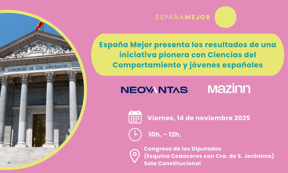 España Mejor presenta en el Congreso los resultados de la 2ª fase de *Imagina, una iniciativa pionera que une Ciencias del Comportamiento y co-creación para impulsar el emprendimiento juvenil y la formación práctica.

👉 Regístrate aquí para poder asistir: forms.gle/yZpJwPsvmKMuMv…