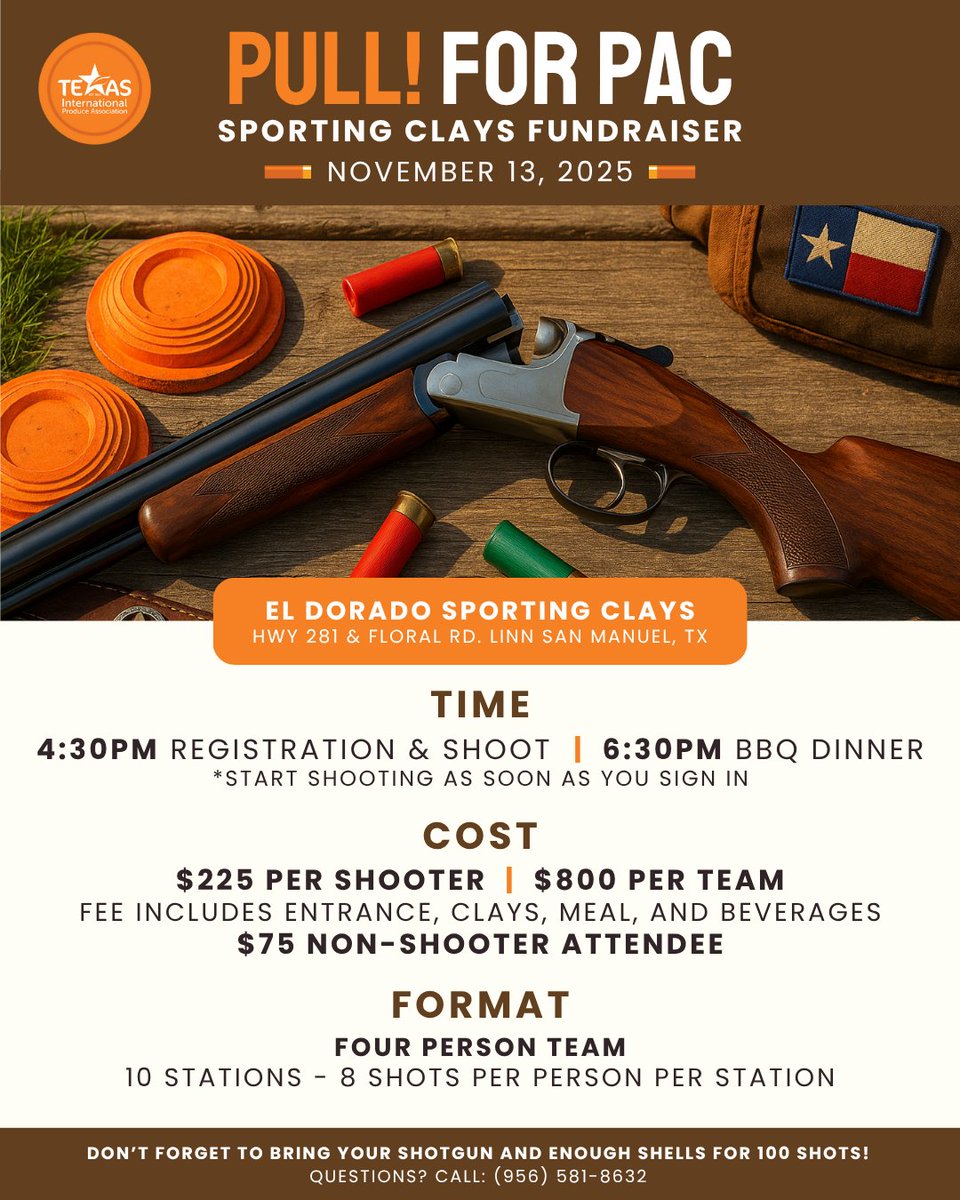 🎯  Ready, aim… connect! #TIPA's #PullForPAC returns on Nov 13!

✔️   Shooter registration is open — sign up today!
pci.jotform.com/form/252684249…

 ✔️ Sponsorship opportunities available — put your   brand on target.
pci.jotform.com/form/252684592…

#FreshProduce #SkeetShoot #Fundraiser