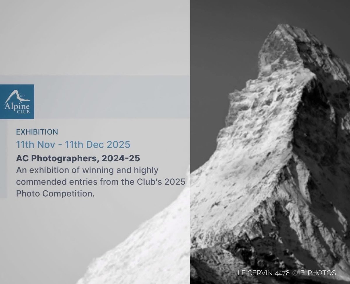 Hi 👋 if anyone is in London from next Tuesday, there’s a fantastic exhibition of Alpine Photographers 2024-25 (inc my Mont Cervin shot!). It coincides with some inspiring lecture evenings, Tue 11+25 Nov 7:30pm AND by appt on Tues+Thur, 55 Charlotte Rd EC2A 3QF, 11 Nov-11 Dec 🏔️