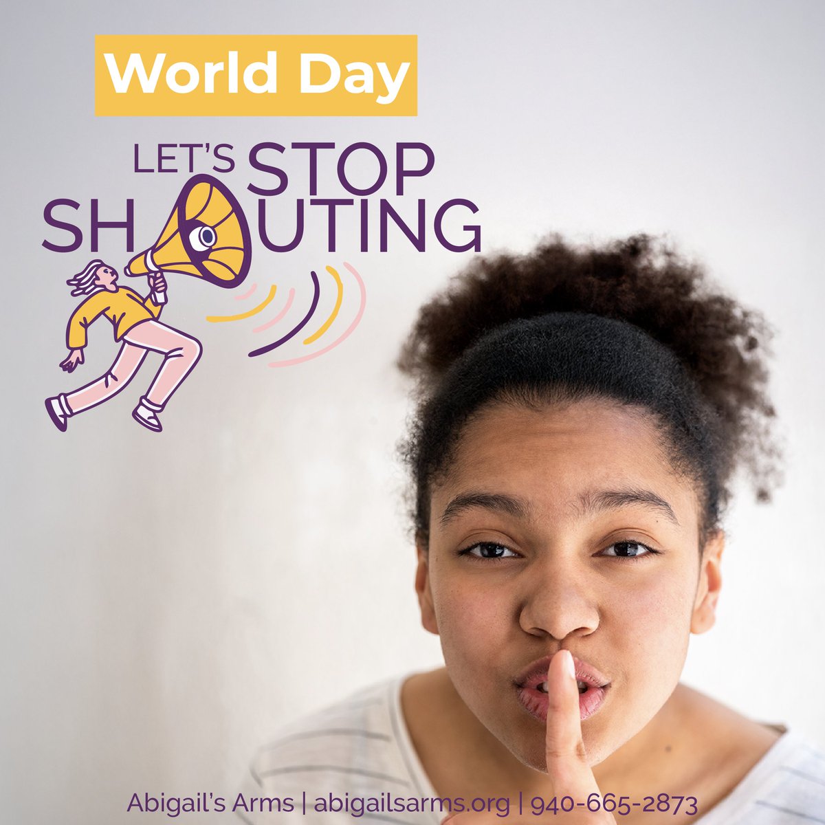 Today is World Let’s Stop Shouting Day. 💜

A calm conversation can change everything, let’s practice listening, understanding, and kindness in every interaction.

#AbigailsArms #CookeCountyTX #WorldLetsStopShoutingDay #KindnessMatters #SafeSpace