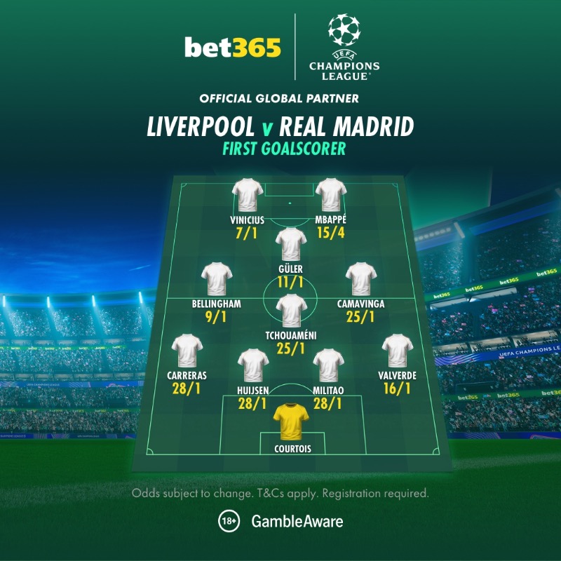 bet365's tweet photo. Liverpool v Real Madrid.

Jude Bellingham is 𝟵/𝟭 to score first.

Latest markets - click below.