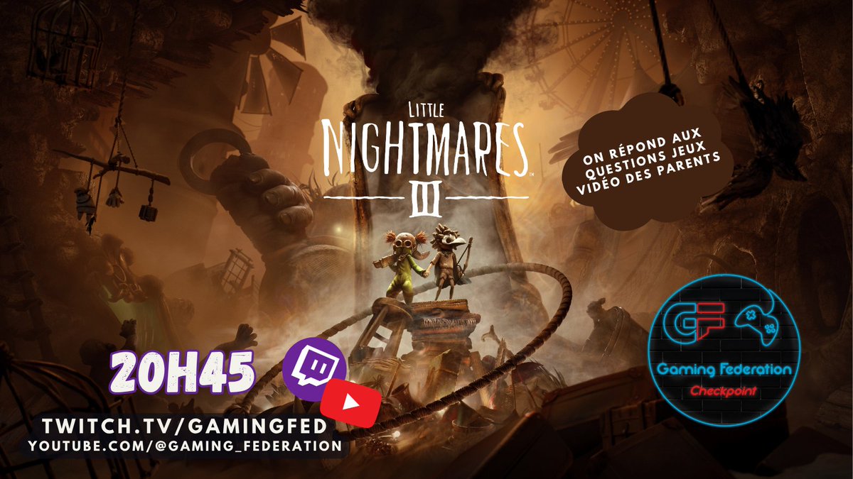 Reporté la semaine dernière pour cause de 🤧, cette fois on est paré à se faire peur (un peu...) avec #LittleNightmares3 dans #Checkpoint. On parle jeux, peurs et traumas avec Teiki &amp; <a href="/niels_weber/">Niels Weber</a> dès 20h45 sur
twitch.tv/gamingfed
Toutes les questions des parents bienvenues!