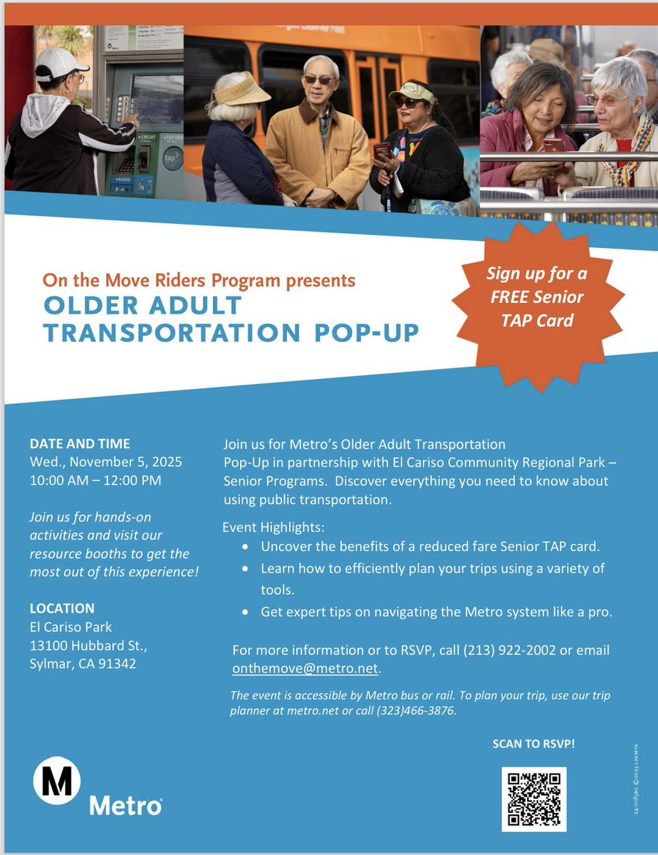 LuisAdvocates's tweet photo. Tomorrow @AARPCA will be at @metrolosangeles On The Move Riders Program pop-up event in Sylmar. Stop by to learn more about the Senior TAP Card and resources to help you plan your public transportation trips #AgeFriendlyLA https://t.co/CGGaQMmzhj