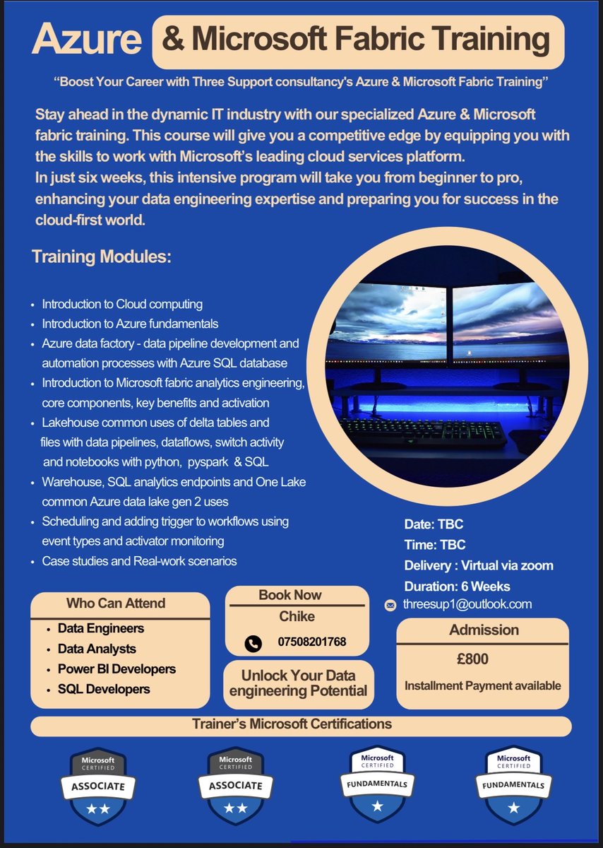 The registration for our next Azure &amp; Microsoft Fabric training is now open. See our flyer for more details for enquiries contact threesup1@outlook.com #dataanalytics #businessintelligence #powerbi #Azure #MicrosoftFabric