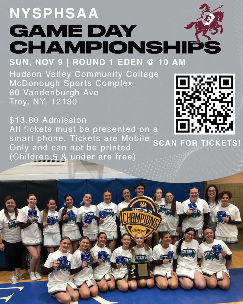 It’s championship time for your <a href="/EdencsdRaiders/">EdenAthletics</a> Game Day Cheerleaders. Catch our athletes at the NYSPHSAA Game Day Cheer Championships on Nov 9, 10 AM ET.
Grab your tickets today: gofan.co/event/4577473?…
<a href="/EdenCSD/">Eden Central Schools</a> <a href="/EdenASBC/">Eden ASBC</a>