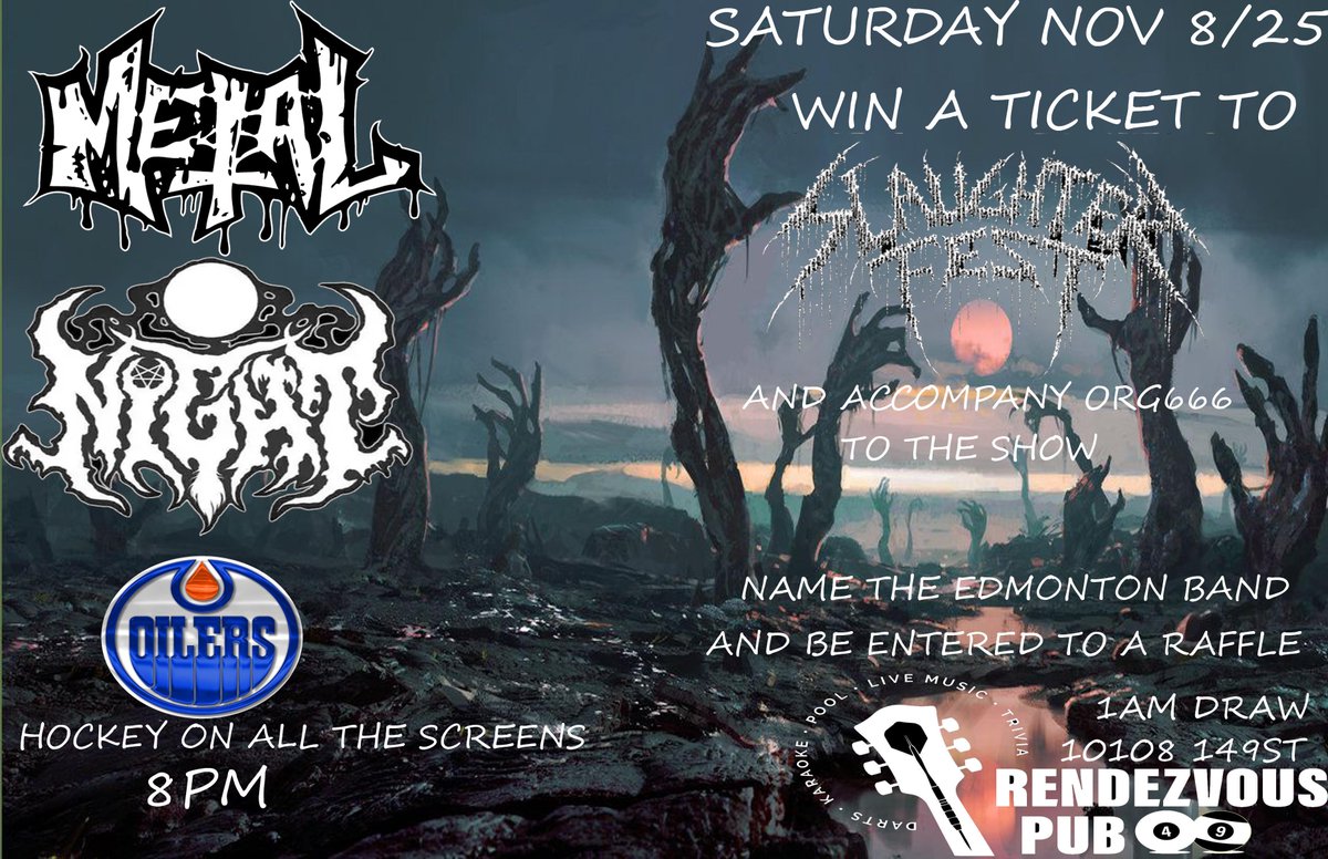 rendezvouspub49's tweet image. Saturday Nov 8/25 Metal Night 8PM ORG666 Spins local and worldwide metal Name the #yeg band and get a raffle ticket to win a ticket to facebook.com/SlaughterfestE… and join ORG666 in the metal festivities More local bands you name better chance to win Draw 1AM