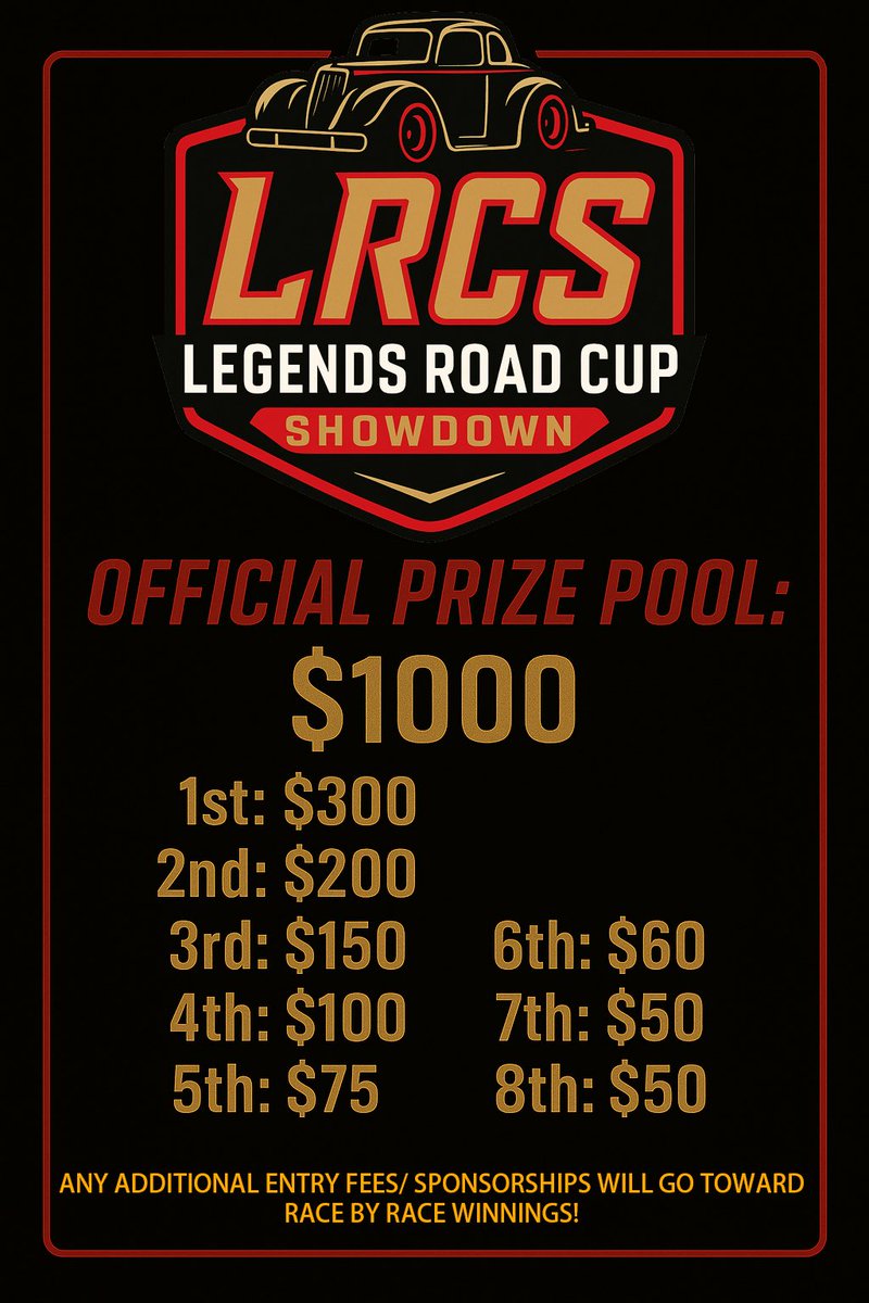 OFFICIAL PRIZE POOL FOR THE LRCS IS OUT! 

RACE 1 IS TONIGHT 
50+ DRIVERS ALREADY REGISTERED
DON’T MISS OUT ON THE FUN!