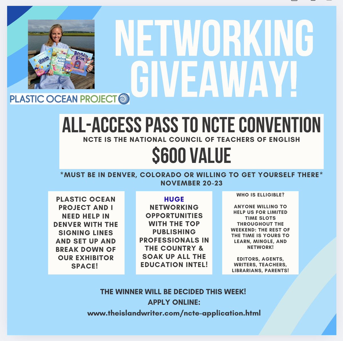 theislandwriter's tweet image. HUGE NETWORKING OPPORTUNITY!

Come help us at the NCTE Conference in Denver in exchange for a FREE, $600 ALL ACCESS TICKET &amp;amp; an incredible experience on the trade show floor!

theislandwriter.com/ncte-applicati…

#writingcommunity #clearthelists #teachers  #5amwritersclub #kidlit #publishing