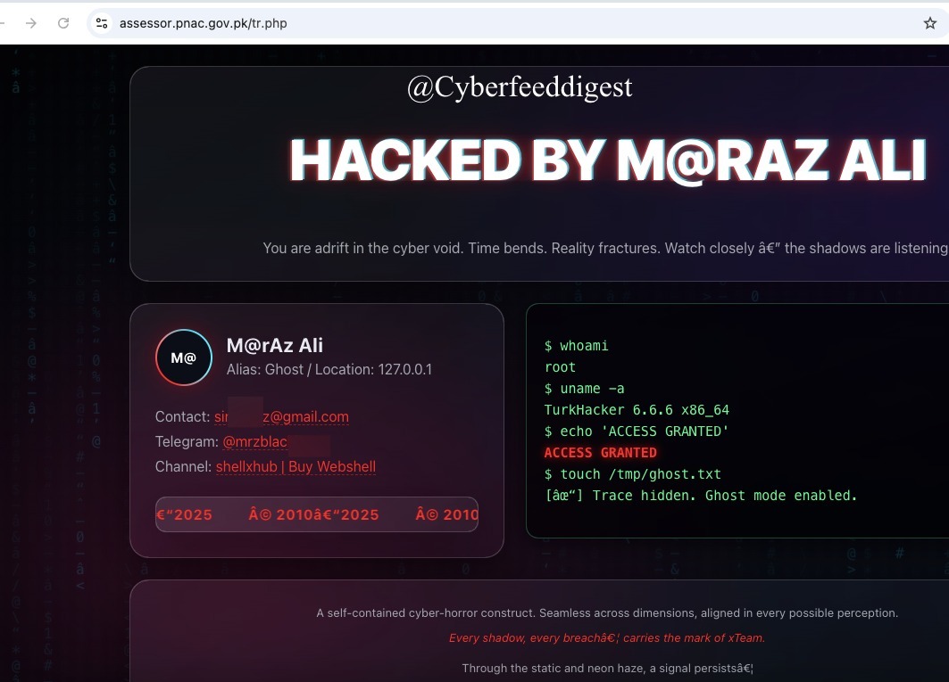 cyberfeeddigest's tweet image. ⚠️ #Pakistani Government Website #Defaced 🇵🇰

A #hacker identified as M@rAz Ali claims responsibility for breaching a #Pakistan government site.
Target: assessor[.]pnac[.]gov[.]pk/tr.php
Site reportedly compromised and defaced.

#Defacement #Hacked #Pakistan