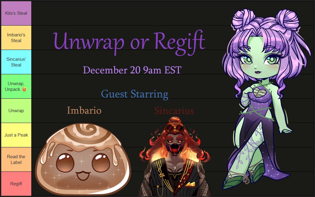 Hey there my wonderful Sproutlings. I am doing an X-Mas themed Smash or Hugs. With the amazing <a href="/Imbarion/">Imbario</a> and <a href="/Sincarius1/">🔥Sincarius⭐|| Chaotic Streams</a> as my guests. We will be going through and loving on your OC's. 
So Please share your OC's and a little bit about yourself. So that we can love on you ......