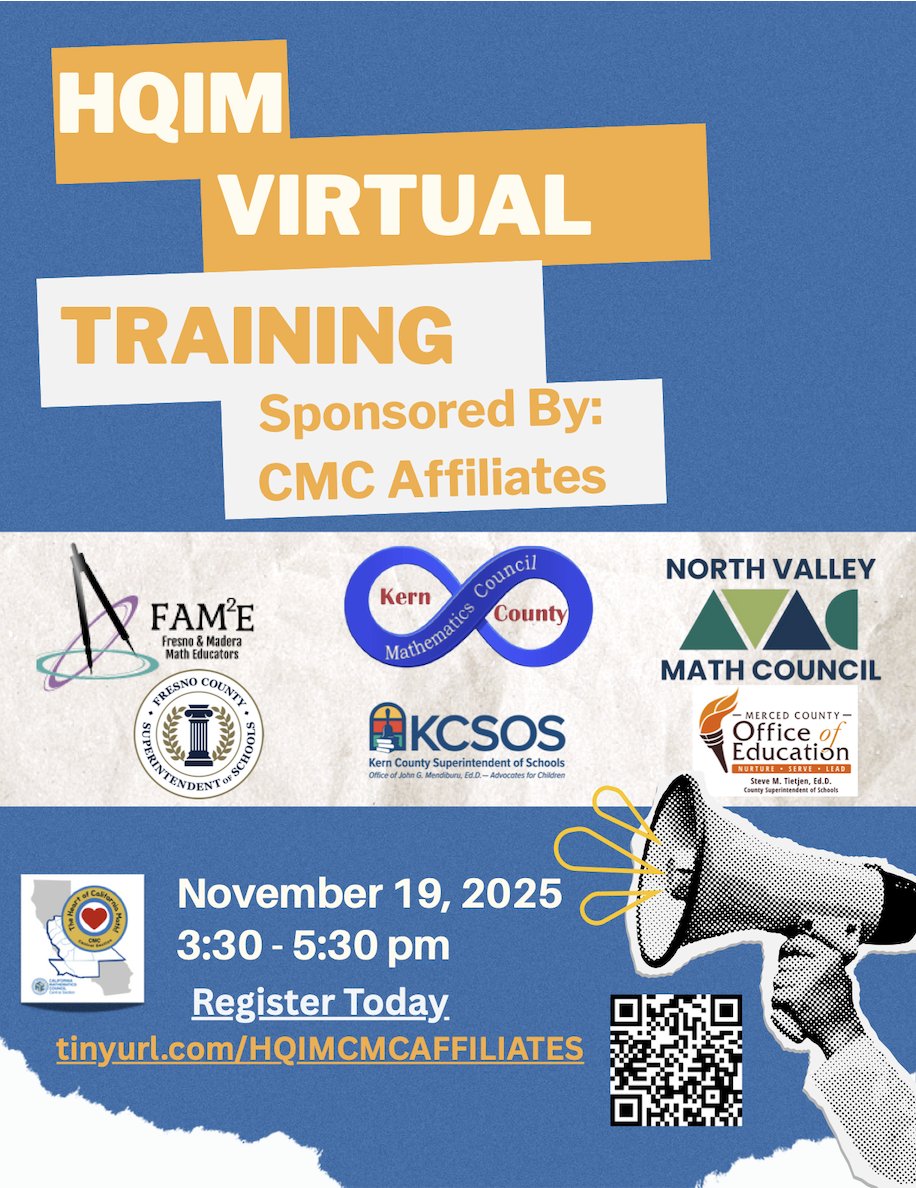 Our fabulous California Math Council affiliates are banding together to provide insight on high-quality instructional materials.

Join them on 11/19/2025! 

Register here:
tinyurl.com/HQIMCMCAFFILIA…

<a href="/cmcmath/">이승철</a>.bsky.social   <a href="/CAMathCouncil/">CMC - CA MathCouncil</a>    #iTeachMath