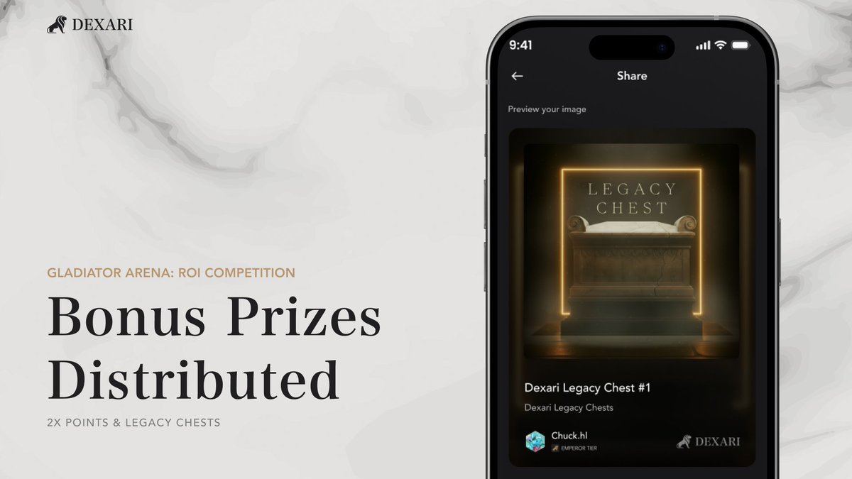 DexariDotCom's tweet image. Didn’t win the main $100k prize pool? 🏆

All qualifying traders just received 2x points on their ROI Competition activity ⚔️

The top 25 by PNL and Volume also earned an unrevealed Dexari Legacy Chest 🏛️

More bonus prizes await in the $50k PNL Competition starting Friday!