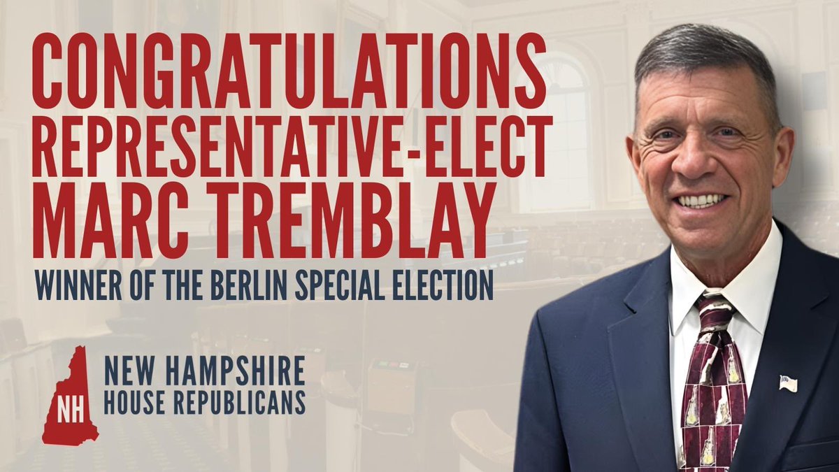 NHHouseGOP's tweet image. Congratulations Representative-Elect Marc Tremblay!

Coos County is sending a champion to Concord to stand up for law and order, low taxes, and the New Hampshire Advantage!

We look forward to welcoming our newest member to Representatives Hall soon!
