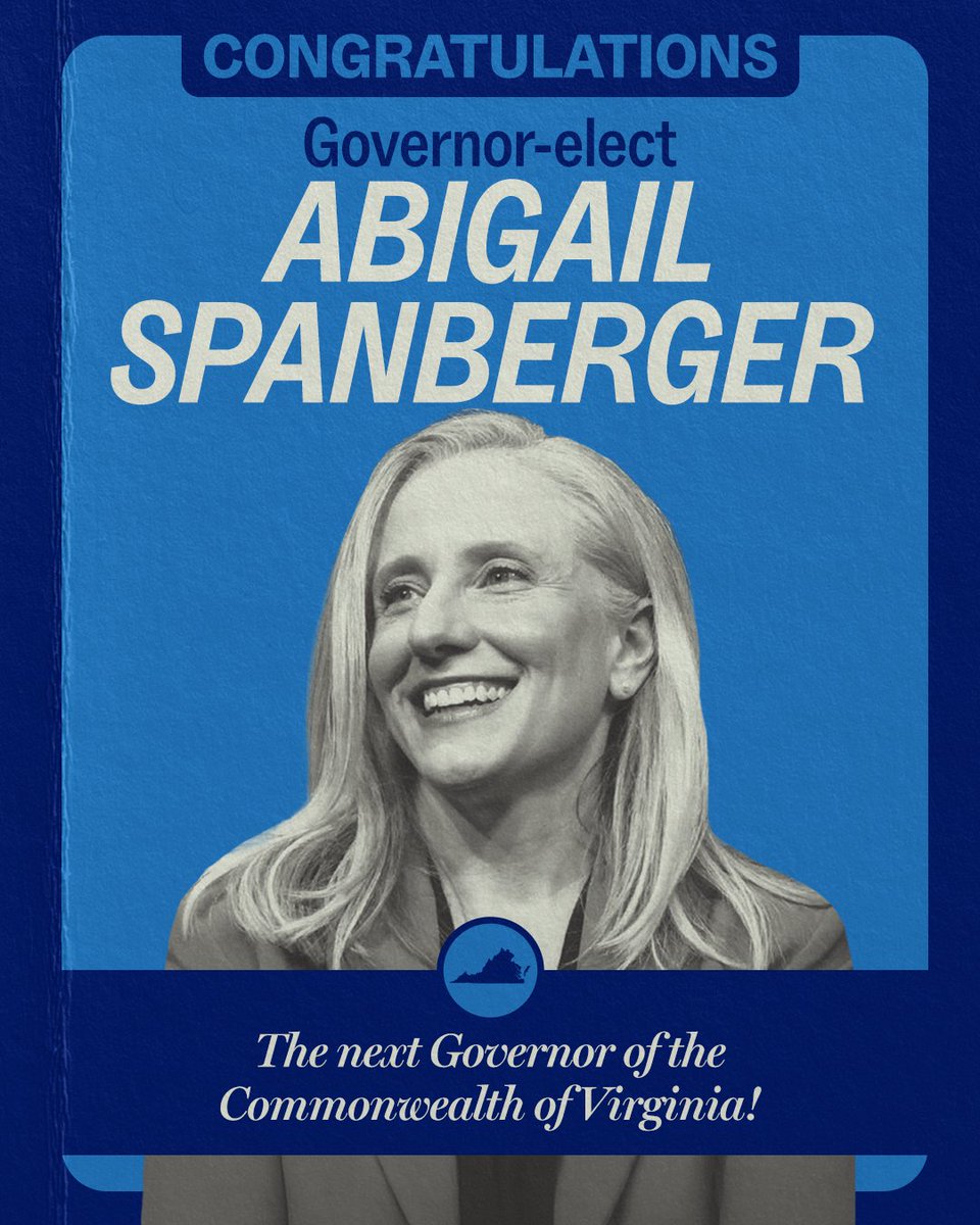 History-maker 💙

Congratulations to <a href="/SpanbergerForVA/">Abigail Spanberger</a>, the first woman ever elected governor of the Commonwealth of Virginia!