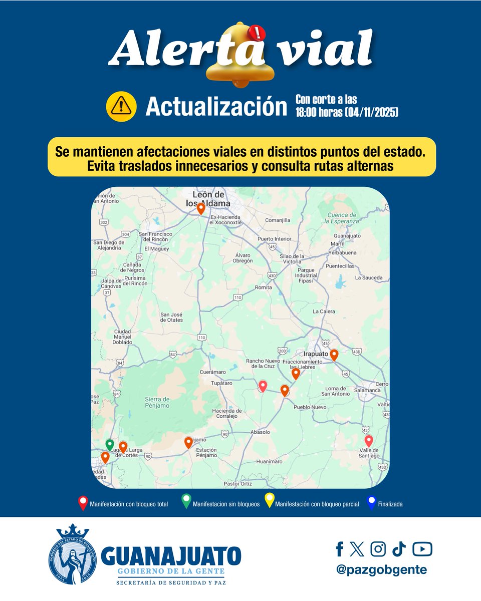 pazgobgente's tweet image. #AlertaVial 🚧 ACTUALIZACIÓN de cierres viales con corte a las 18:00 h

🔴 CIERRE TOTAL  

📍#Abasolo, en la carretera federal 84 Cuerámaro - Irapuato en el entronque con la carretera San Joaquín - Abasolo. 
📍#Irapuato – Irapuato – Abasolo, zona Procter &amp;amp; Gamble
📍#Irapuato en…