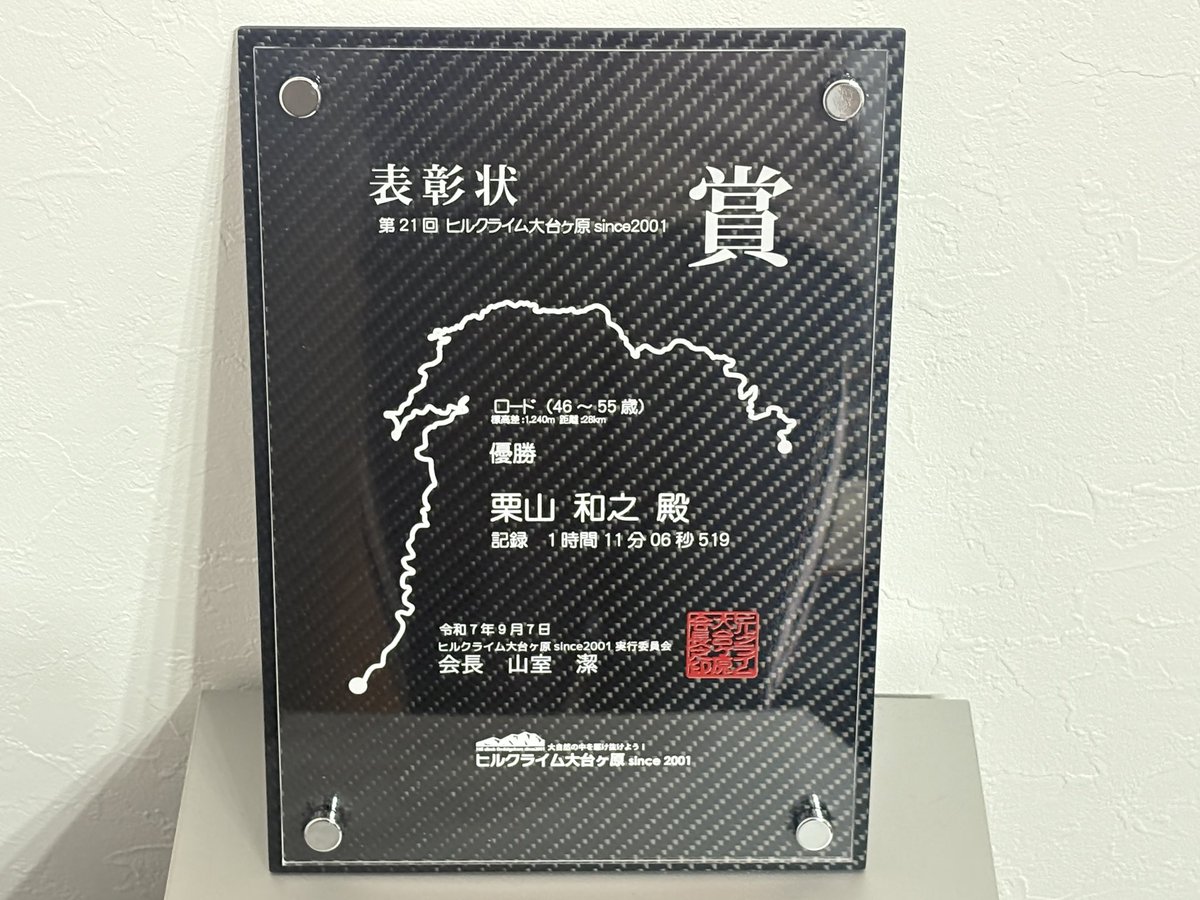 kamipack3's tweet photo. 2ヶ月前に優勝した大台ヶ原HCの盾がやっと届きました。すっかり忘れてましたわ
木もいいけどカーボン調もよき https://t.co/WMeMDwnedF
