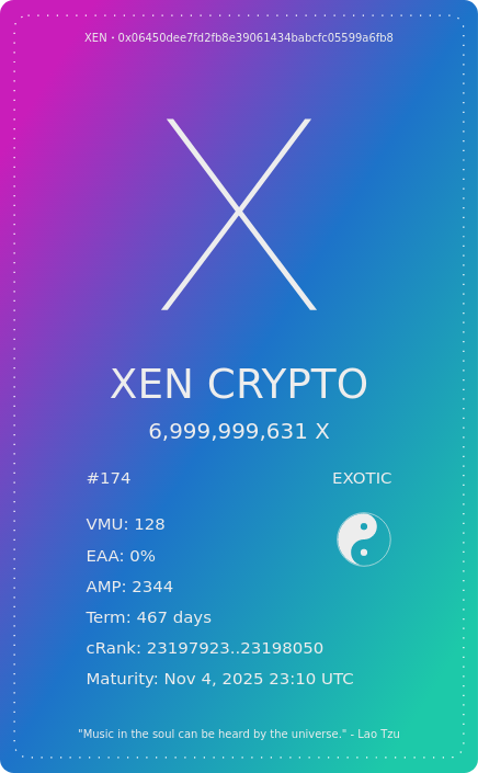 xenftbot's tweet image. XENFT 174 of class Exotic (Apex) ended

VMUs: 128
Term:  467
Mint reward: 3,397,465,379 XEN ($61.60)
Gas Fee: 0.016734 ETH ($54.79)

xenmon.com/nft.html?c=eth…