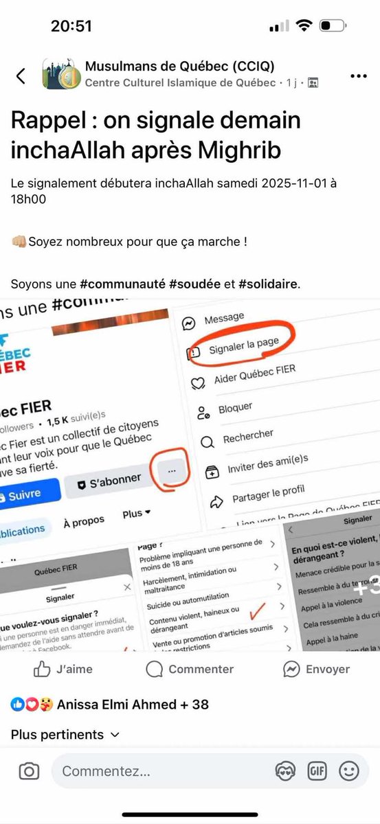 QuebecFier's tweet photo. 🚨 LES ISLAMISTES VEULENT CENSURER QUÉBEC FIER 🚨

Je ne vais pas passer par quatre chemins. Québec FIER est présentement la cible d’une campagne coordonnée de signalements massifs sur Facebook.

Des militants islamistes de la région de Québec, réunis dans un groupe privé appelé « Musulmans de Québec (CCIQ) », appellent leurs membres à signaler en masse la page de Québec FIER pour tenter de la faire disparaître.

Ils ont même publié un message appelant au passage à l’action « après la prière du Mighrib, samedi à 18 h 00 », avec des captures d’écran expliquant comment signaler notre page pour contenu supposément « haineux ».

Ce groupe privé est modéré par un imam du Centre culturel islamique de Québec, le Sheikh Mohamed Fouad Abdelrahman, qui laisse apparemment des militants islamistes s’organiser ouvertement pour censurer une voix patriotique québécoise.

Mais qu’ils se le tiennent pour dit : on ne se taira pas.

Nous avons transmis les preuves à Meta, parce que les campagnes de signalements massifs sont contraires à leurs règles. Et nous continuerons à dénoncer l’islamisme comme toute les idéologies qui menacent nos libertés.

💪 Mais pour poursuivre ce combat, on a besoin de vous.

Chaque don, même petit, nous aide à protéger nos plateformes et à rester debout face à la censure.

Contribuez dès maintenant pour défendre la liberté d’expression au Québec. #polqc #islamisme #Québec #censure #liberté

Lien pour les dons en commentaire👇