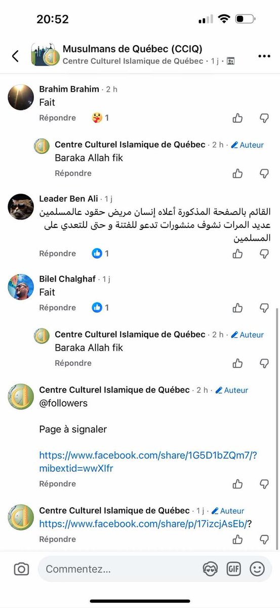 QuebecFier's tweet photo. 🚨 LES ISLAMISTES VEULENT CENSURER QUÉBEC FIER 🚨

Je ne vais pas passer par quatre chemins. Québec FIER est présentement la cible d’une campagne coordonnée de signalements massifs sur Facebook.

Des militants islamistes de la région de Québec, réunis dans un groupe privé appelé « Musulmans de Québec (CCIQ) », appellent leurs membres à signaler en masse la page de Québec FIER pour tenter de la faire disparaître.

Ils ont même publié un message appelant au passage à l’action « après la prière du Mighrib, samedi à 18 h 00 », avec des captures d’écran expliquant comment signaler notre page pour contenu supposément « haineux ».

Ce groupe privé est modéré par un imam du Centre culturel islamique de Québec, le Sheikh Mohamed Fouad Abdelrahman, qui laisse apparemment des militants islamistes s’organiser ouvertement pour censurer une voix patriotique québécoise.

Mais qu’ils se le tiennent pour dit : on ne se taira pas.

Nous avons transmis les preuves à Meta, parce que les campagnes de signalements massifs sont contraires à leurs règles. Et nous continuerons à dénoncer l’islamisme comme toute les idéologies qui menacent nos libertés.

💪 Mais pour poursuivre ce combat, on a besoin de vous.

Chaque don, même petit, nous aide à protéger nos plateformes et à rester debout face à la censure.

Contribuez dès maintenant pour défendre la liberté d’expression au Québec. #polqc #islamisme #Québec #censure #liberté

Lien pour les dons en commentaire👇