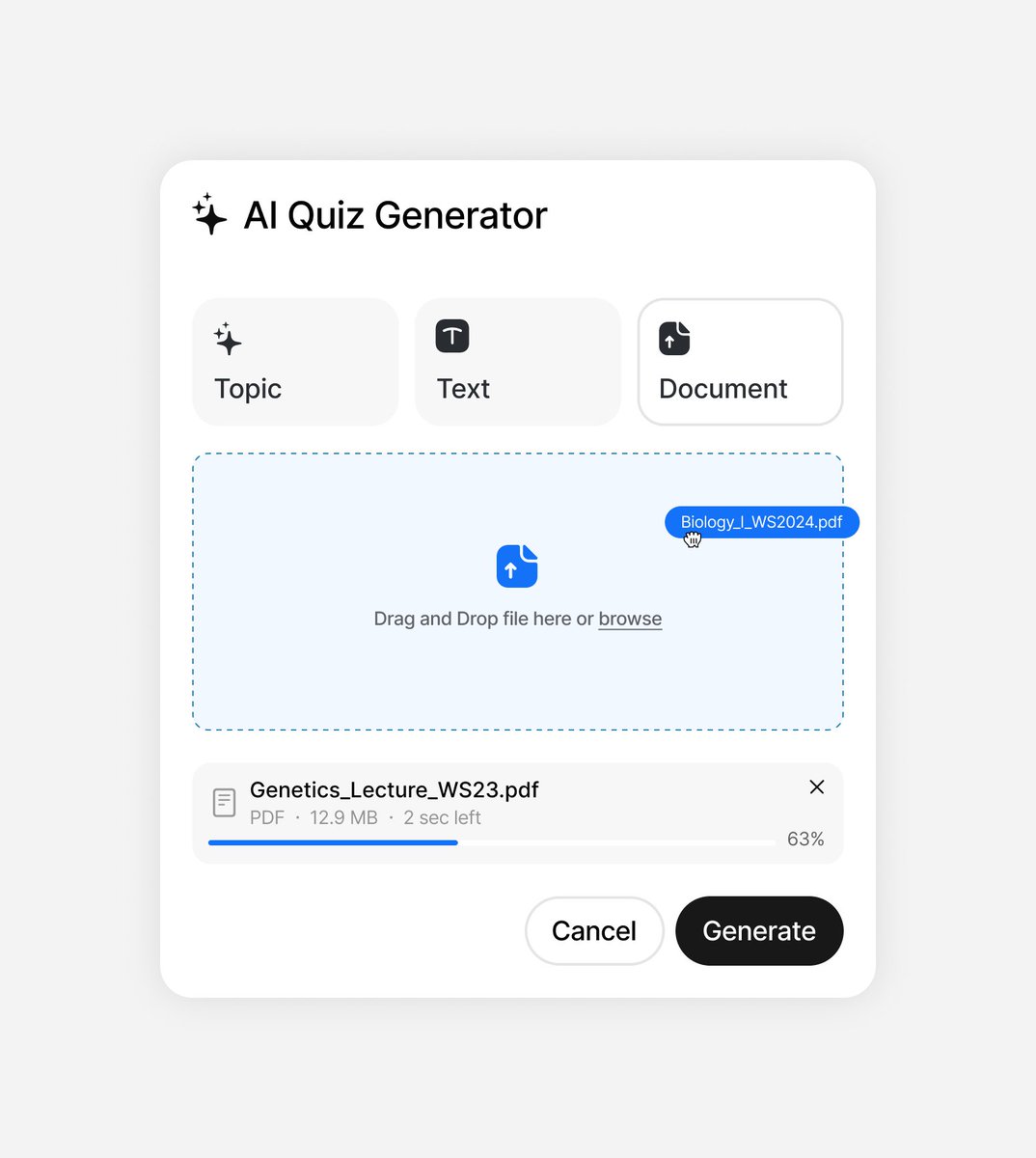 document upload UI for an AI quiz generator ✨