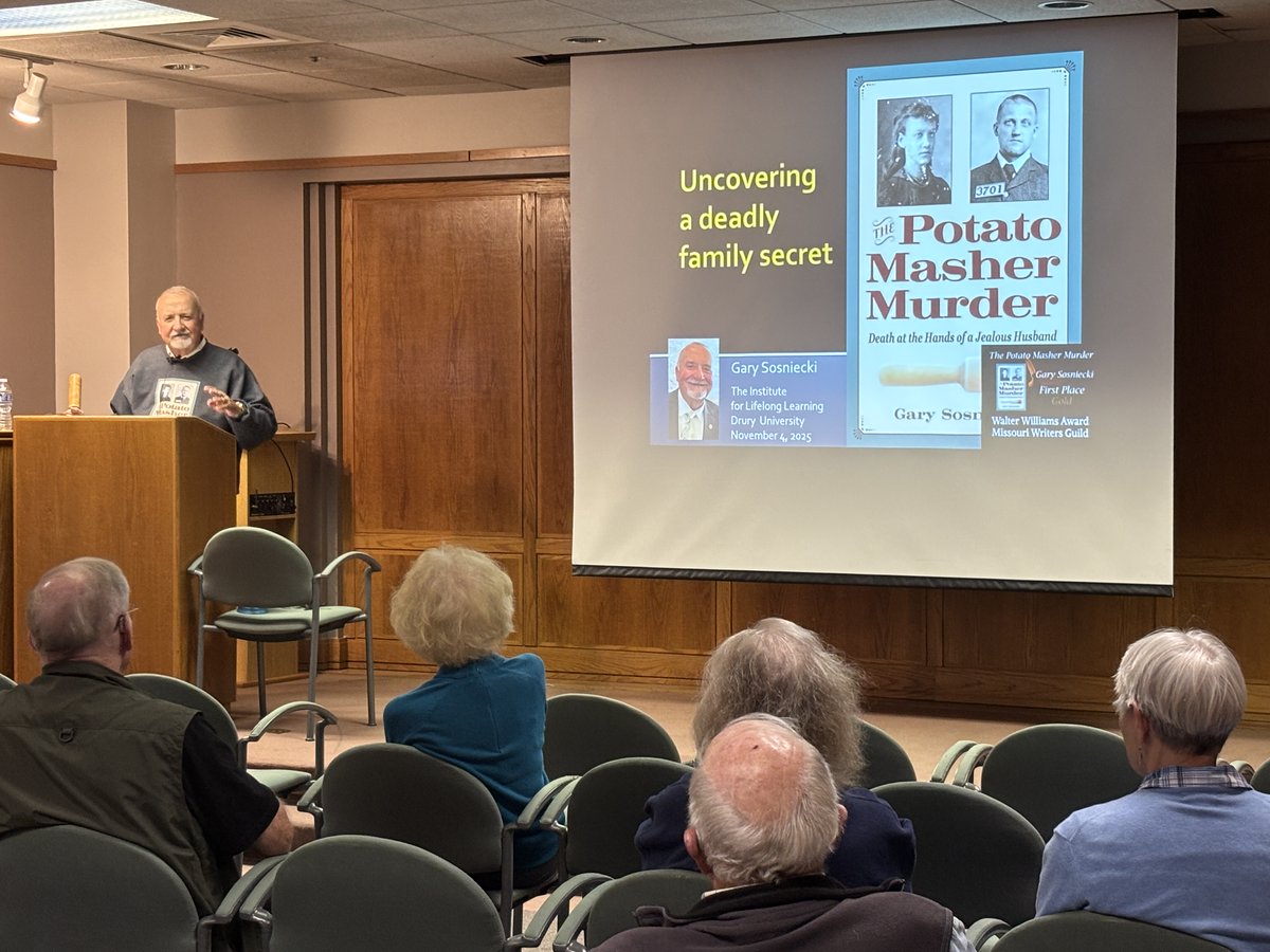 GaryCrime's tweet image. Thanks to Drury University’s “The Institute of Lifelong Learning” for inviting me to talk about “The Potato Masher Murder: Death at the Hands of a Jealous Husband,” my 40th presentation since the book about my great-grandmother’s brutal murder was published. @KentStateUPress
