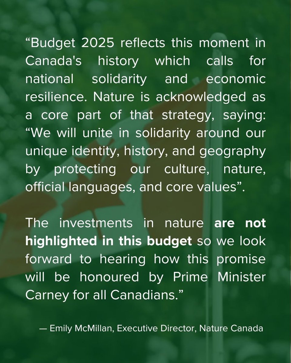 Budget 2025 recognizes nature as part of a strong and resilient Canada but we need the details and dollars to deliver on that promise. 

Full reaction here: naturecanada.ca/news/statement…

<a href="/MarkJCarney/">Mark Carney</a> #CDNpoli #budget2025