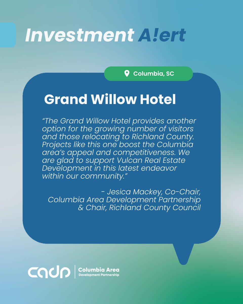 CADP_SC's tweet image. A new boutique hotel   is coming to the Columbia skyline. columbiaareadevelopment.com/vulcan-real-es…
 
 The Grand Willow Hotel is the vision of Vulcan Real Estate Development.   Construction is expected to be completed in 2027.
 
 #commercial #CADPSC #economicengine