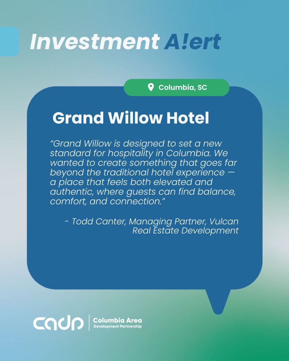 CADP_SC's tweet image. A new boutique hotel   is coming to the Columbia skyline. columbiaareadevelopment.com/vulcan-real-es…
 
 The Grand Willow Hotel is the vision of Vulcan Real Estate Development.   Construction is expected to be completed in 2027.
 
 #commercial #CADPSC #economicengine