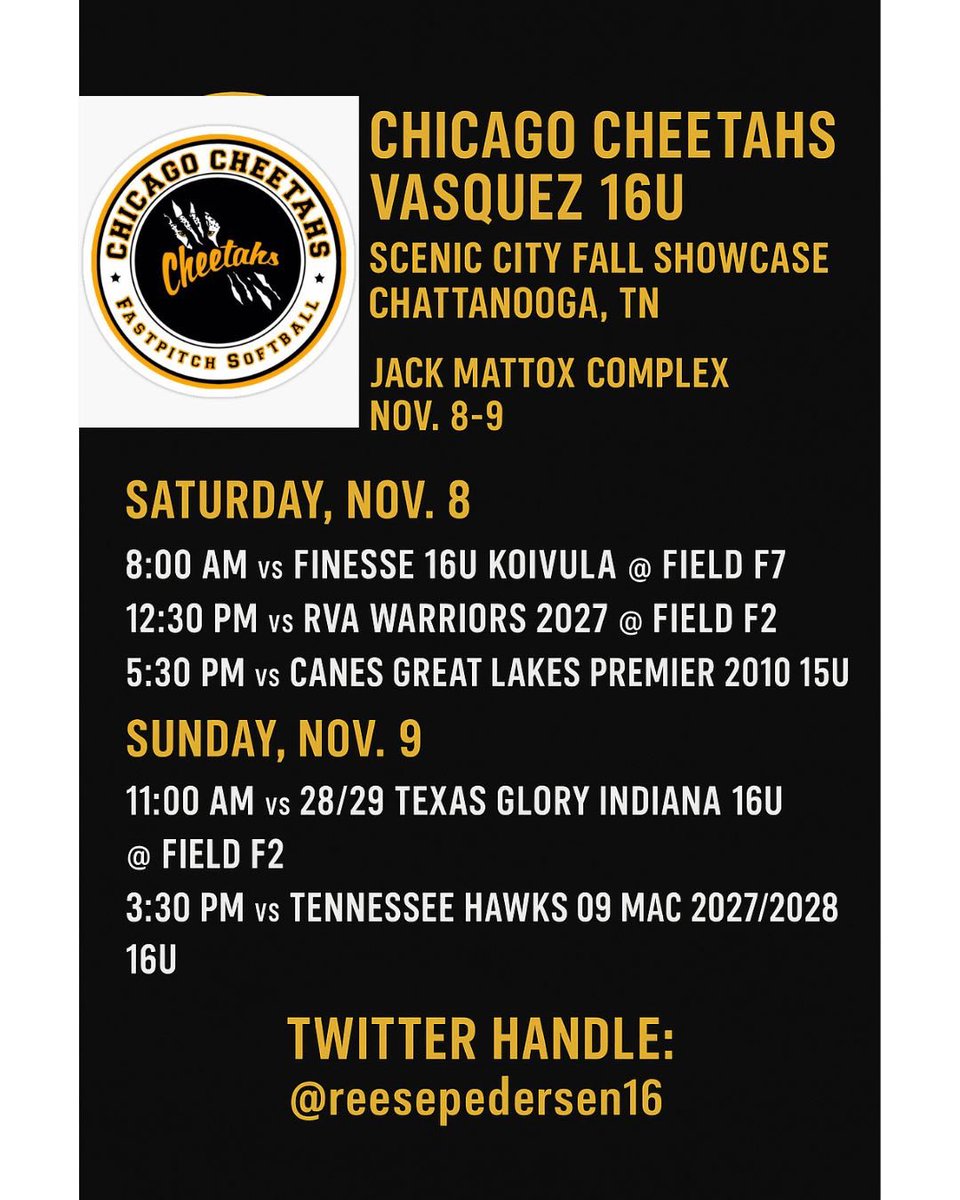reesepedersen16's tweet photo. Here’s our schedule for this weekend at the Scenic City Fall Showcase in Chattanooga!! Can’t wait 💛🖤 https://t.co/npDOEOamSt