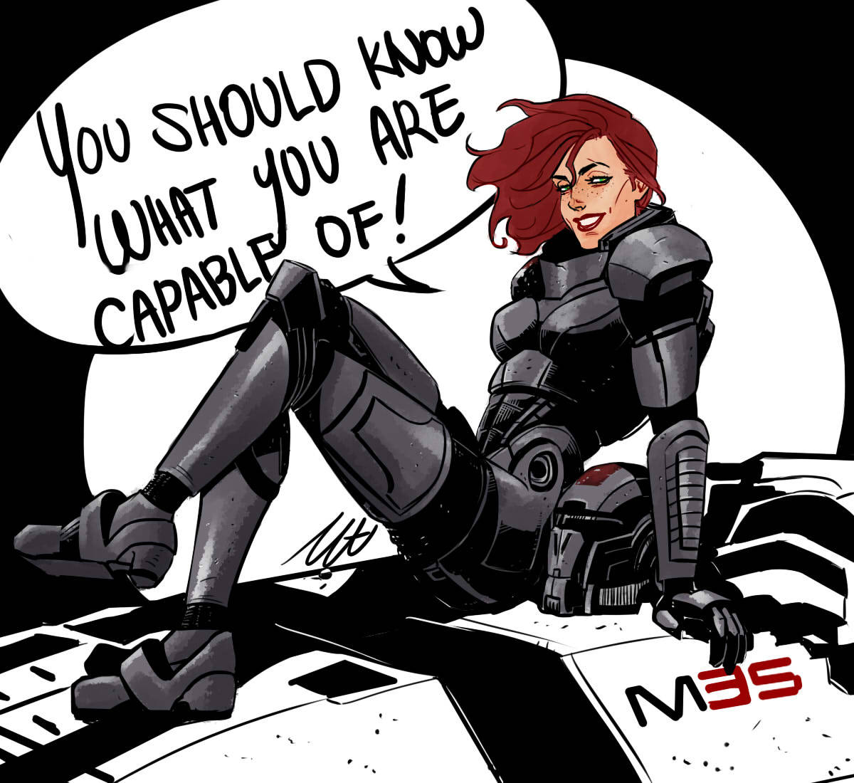 tohercommand's tweet image. She had been recently invited by the Council, as their best spectre, to star in a campaign to help boost morale amongst the denizens of the Citadel. 

This was the resulting poster.