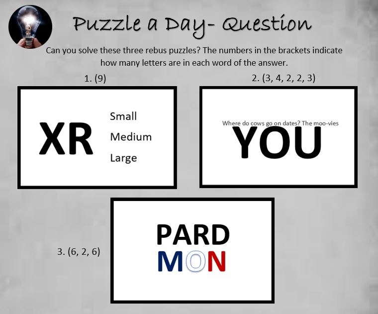 PuzzleADayBlog's tweet image. Three Rebus Puzzles

#puzzle #puzzles #puzzleaday