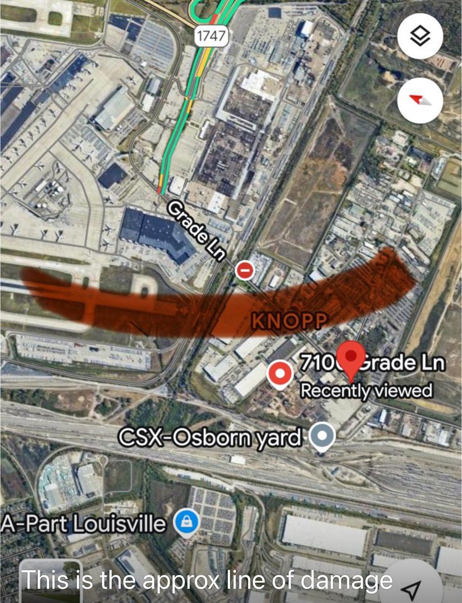 Stone_SkyNews's tweet photo. Shocking images from Louisville Intl Airport as UPS cargo plane with crew of three explodes just as it left the ground. Massive explosions in a trail as the plane crashed at take-off speed laden with fuel to take it to Hawaii. 
Approx area of crash trail in map here. https://t.co/MkSMyCFcj1