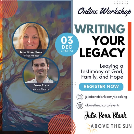 juliebonnblank's tweet image. Leave a legacy you approve of. Learn the “whys” and what #God asks of us. Consider thought-provoking questions to help determine the best options for your stories and wisdom. You will also hear some of Julie&apos;s testimony of visiting #Heaven. abovethesun.org/events/ #freeclass