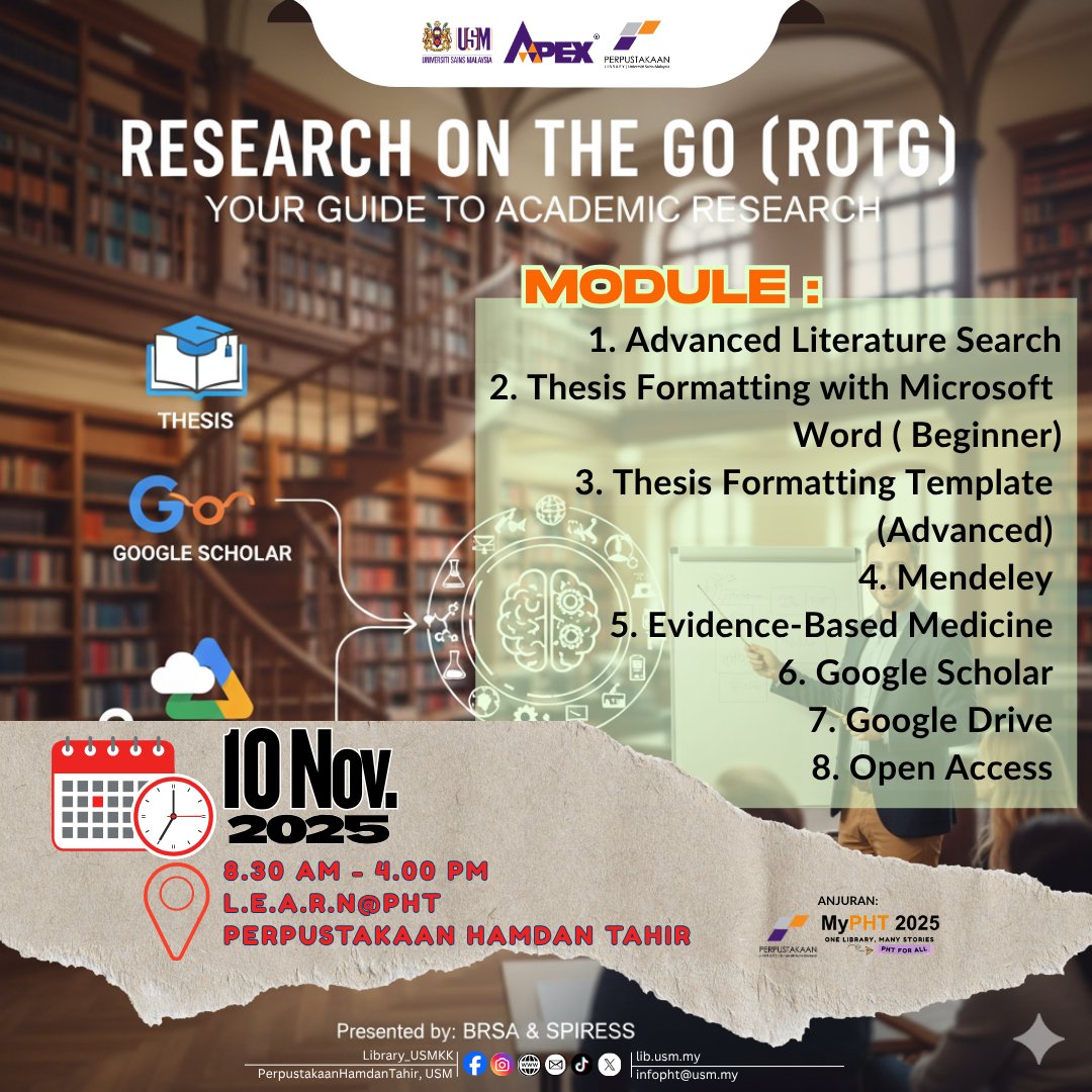 Library_USMKK's tweet image. 📚 Enhance your research experience with Research On The Go (ROTG)! 📚
Join us to explore the library’s research support modules.
📅 10/11/2025
🕣 8.30 AM – 4.00 PM
📍 L.E.A.R.N@PHT, Hamdan Tahir Library
Don’t miss this chance to master the research tools designed just for you!