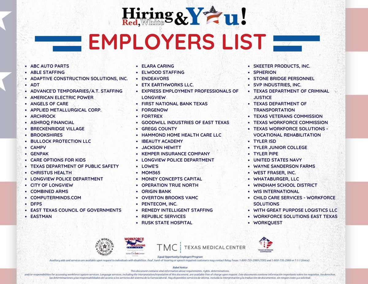 One of our favorite hiring events of the year is here, and so is our OFFICIAL employer list! Come see us and all of our employers tomorrow at Hiring Red, White, &amp; You! 

-10:00 AM - 1:00 PM
-Maude Cobb Convention Center - Longview
-Open to the public
easttexasworkforce.org/hrwy